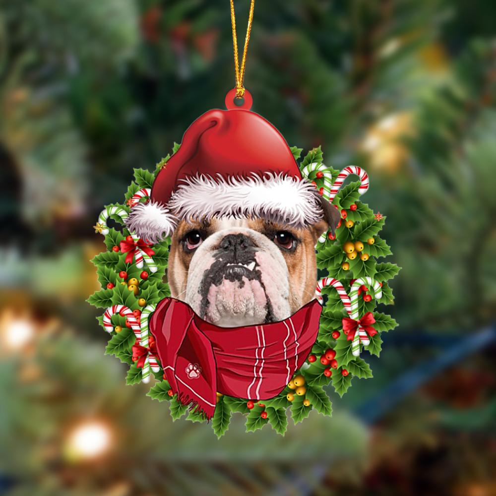 Ornament- BROWN English Bulldog-Xmas Bandana Hanging Ornament, Happy Christmas Ornament, Car Ornament