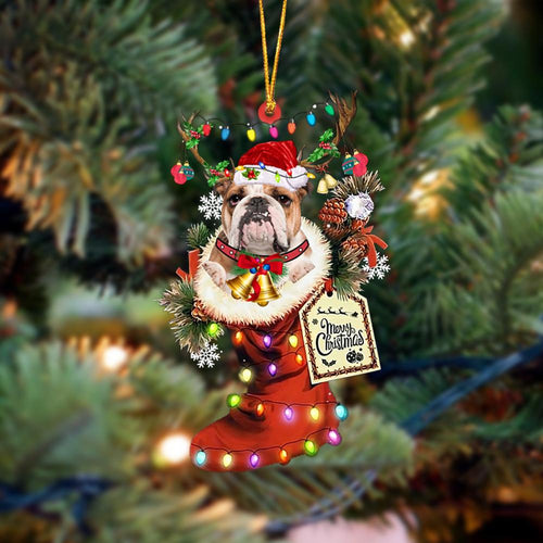 Godmerch- Ornament- BROWN English Bulldog-Xmas Boot-Two Sided Ornament, Happy Christmas Ornament, Car Ornament