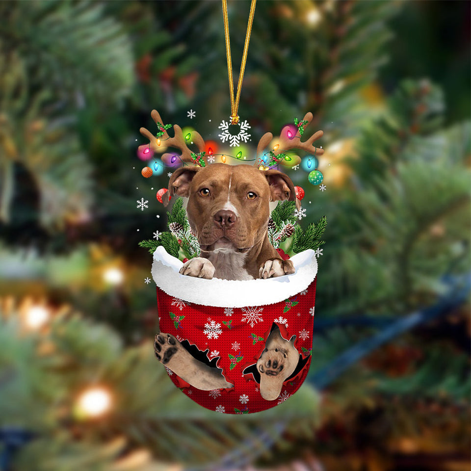 Ornament- BROWN Pitbull-In Christmas Pocket Two Sides Ornament, Happy Christmas Ornament, Car Ornament