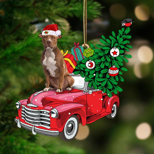 Godmerch- Ornament- BROWN Pitbull-Pine Truck Hanging Ornament, Happy Christmas Ornament, Car Ornament