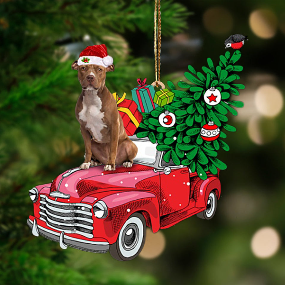 Godmerch- Ornament- BROWN Pitbull-Pine Truck Hanging Ornament, Happy Christmas Ornament, Car Ornament