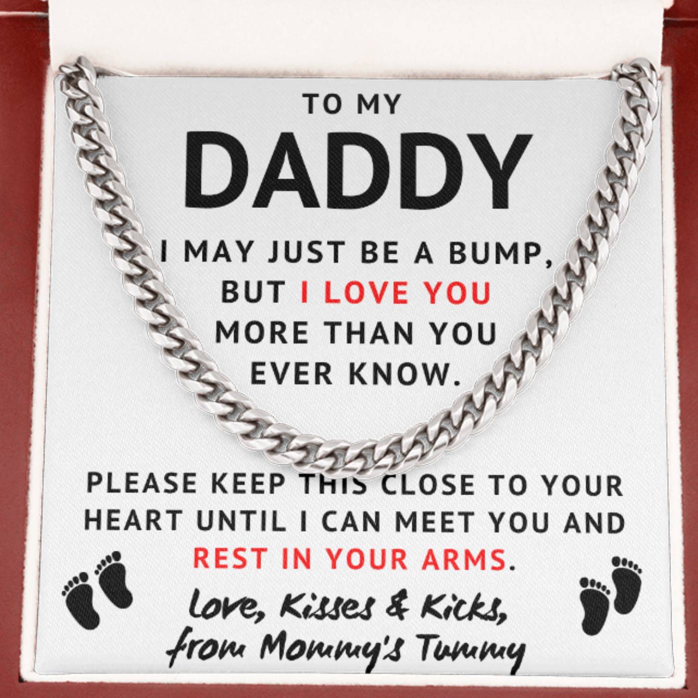 Baby Bump To My Daddy Cuban Link Chain - Love, Kisses & Kicks From Mommy's Tummy, Father's Day Gift, Birthday Gift for Husband
