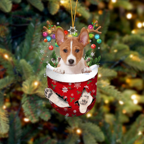 Basenji In Snow Pocket Christmas Ornament Flat Acrylic Dog Ornament