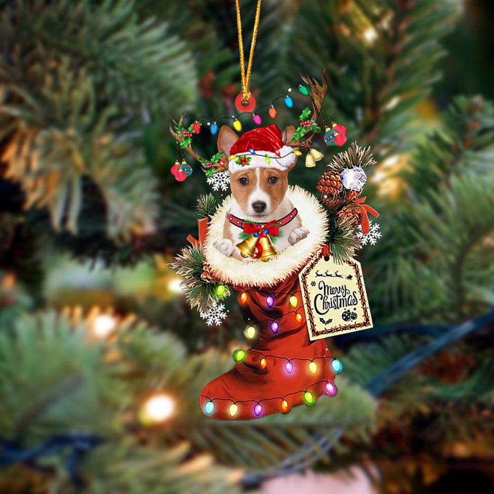 Godmerch- Ornament- Basenji-Xmas Boot-Two Sided Ornament, Happy Christmas Ornament, Car Ornament
