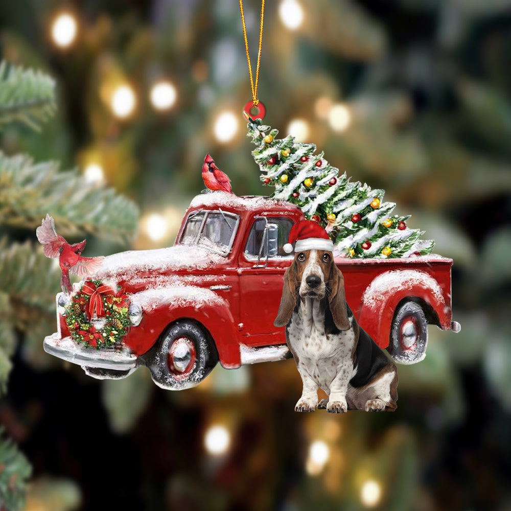 Godmerch- Ornament- Basset Hound-Cardinal & Truck Two Sided Ornament, Happy Christmas Ornament, Car Ornament