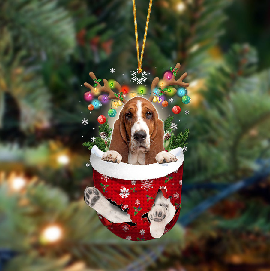 Ornament- Basset Hound-In Christmas Pocket Two Sides Ornament, Happy Christmas Ornament, Car Ornament