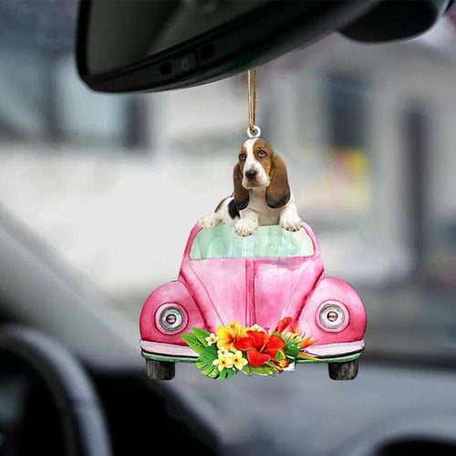 Basset Hound-Pink Hippie Car-Two Sided Ornament
