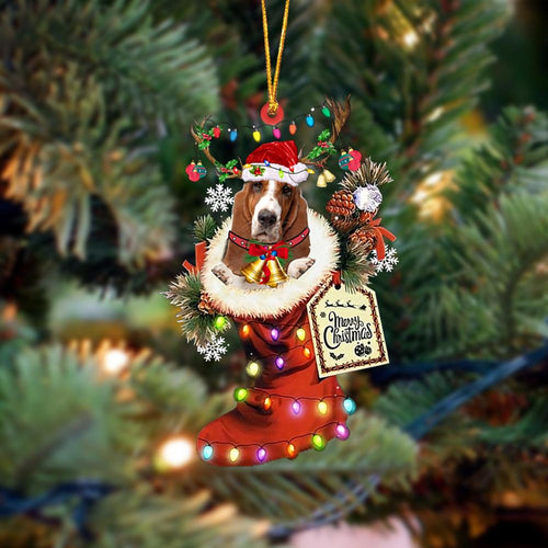 Godmerch- Ornament- Basset Hound-Xmas Boot-Two Sided Ornament, Happy Christmas Ornament, Car Ornament