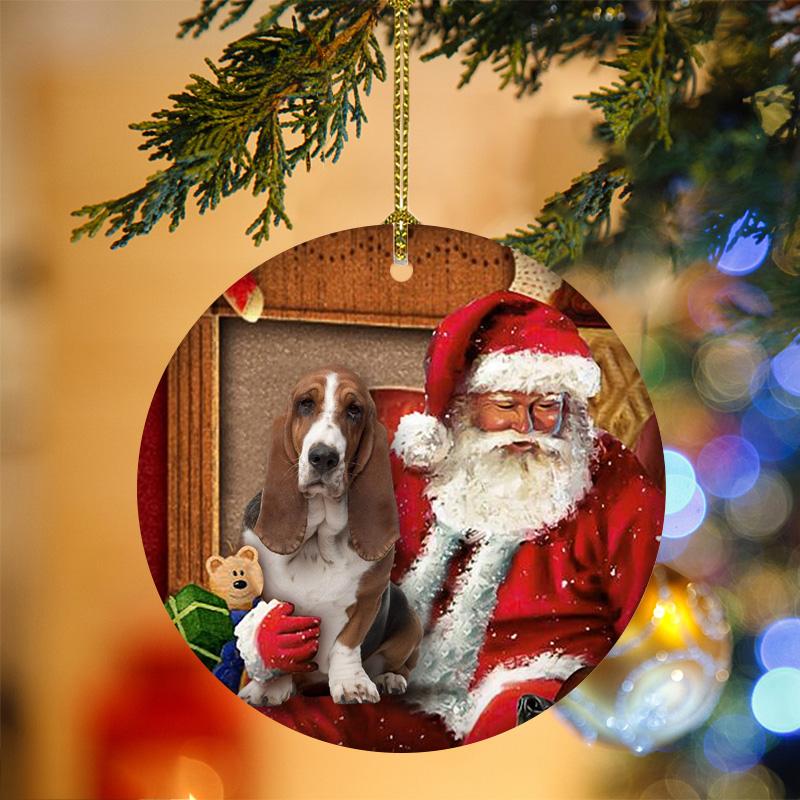 Godmerch- Ornament- Basset Hound With Santa Christmas Ornament, Happy Christmas Ornament, Car Ornament