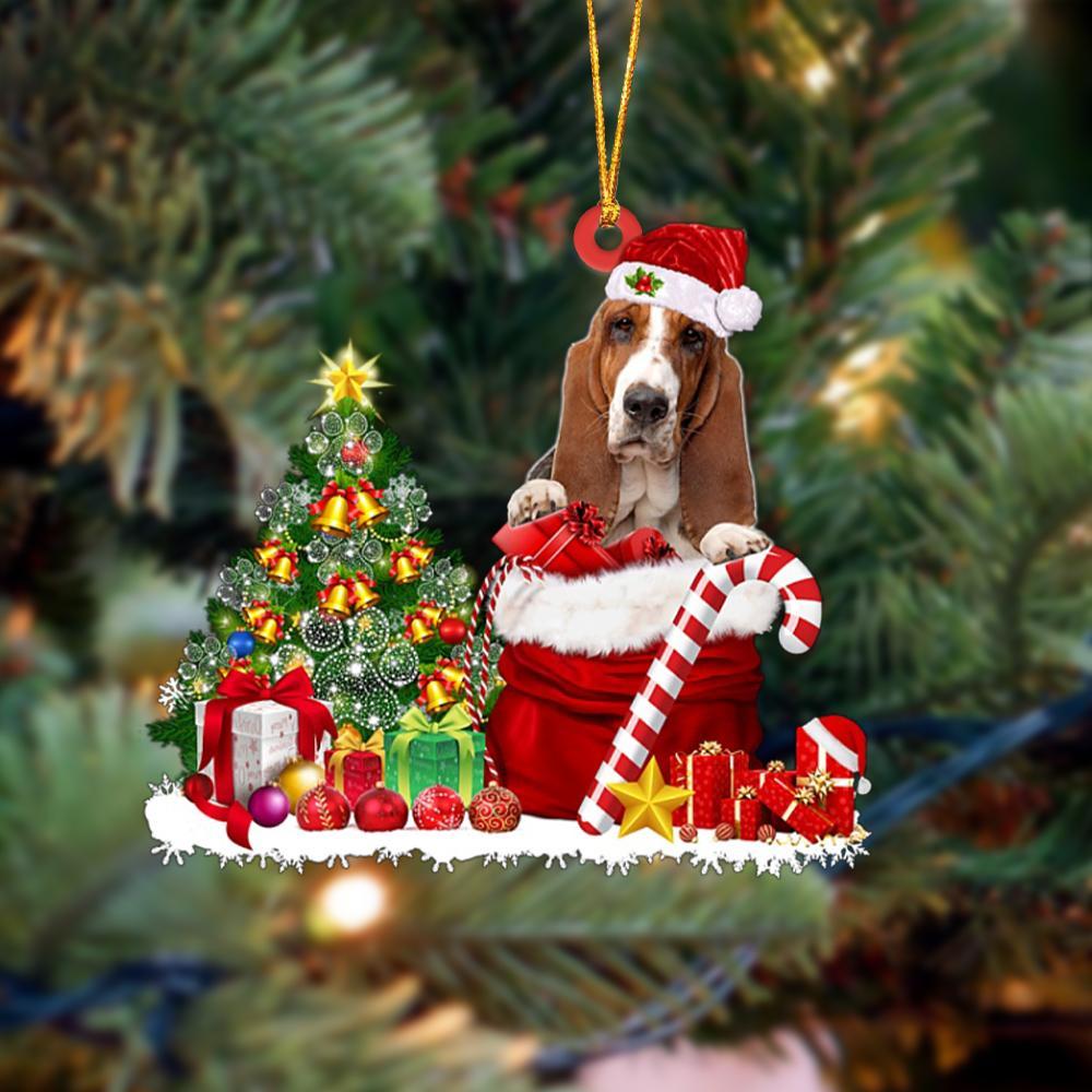 Godmerch- Ornament- Basset Hound Gift Bag Merry Christmas Ornament Dog Ornament, Car Ornament, Christmas Ornament