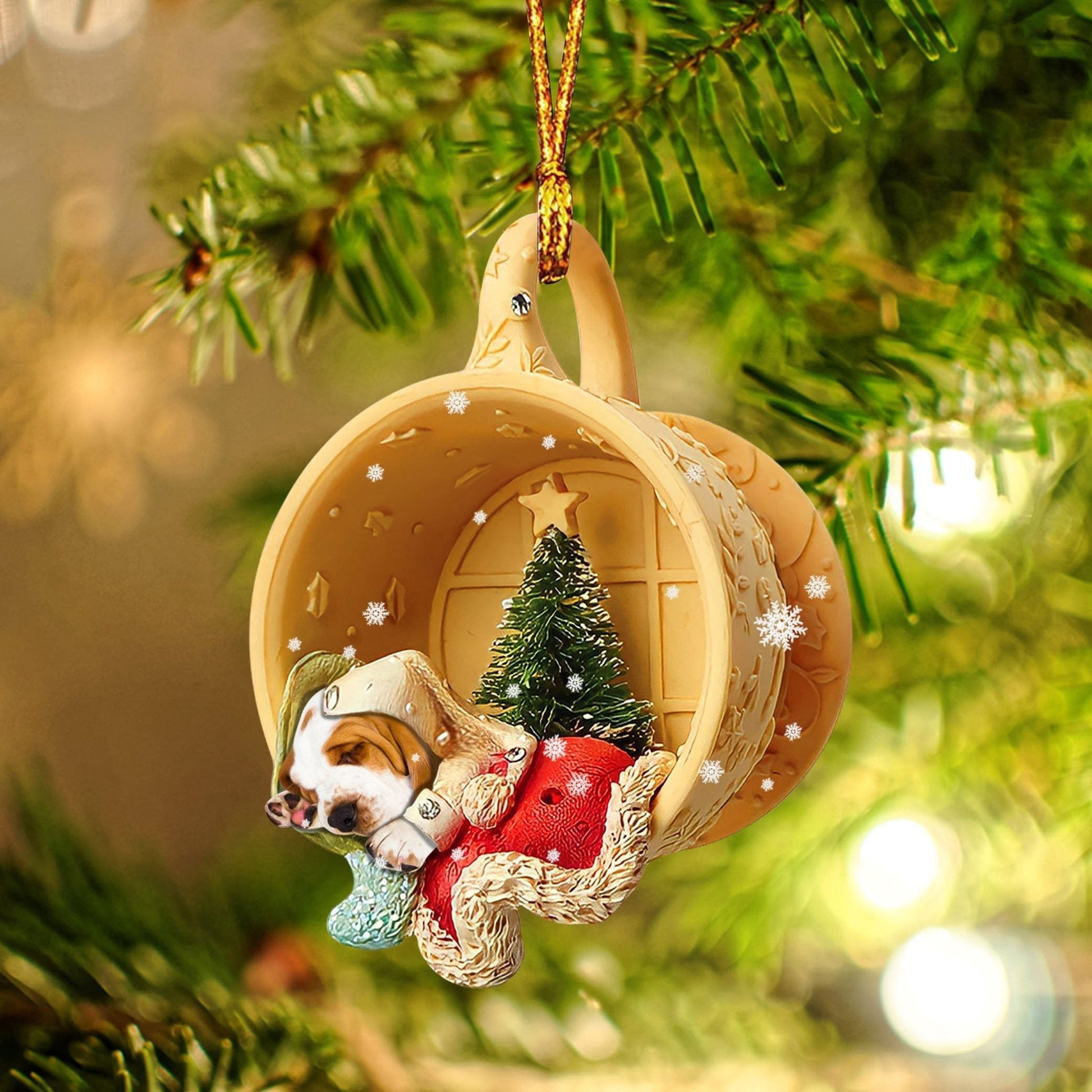 Godmerch Basset Hound Sleeping In A Tiny Cup Christmas Holiday-Two Sided Ornament