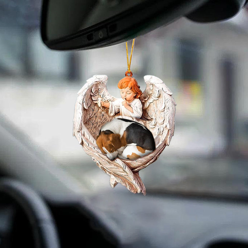 Sleeping Beagle Protected By Angel Car Hanging Ornament