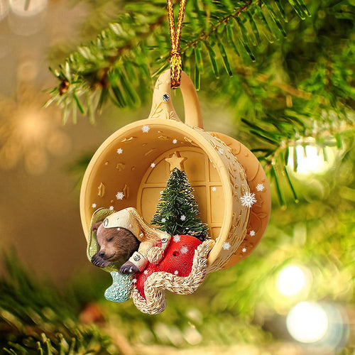Ornament- Bear Sleeping in a tiny cup Christmas Holiday-Two Sided Ornament, Christmas Ornament, Car Ornament