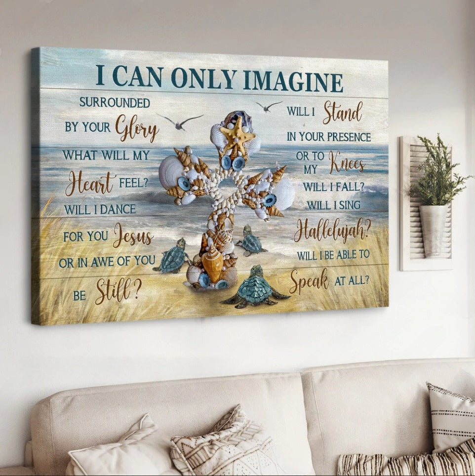 Beautiful cross, Sea turtle, Seagull, Beach painting, I can only imagine - Matte Canvas