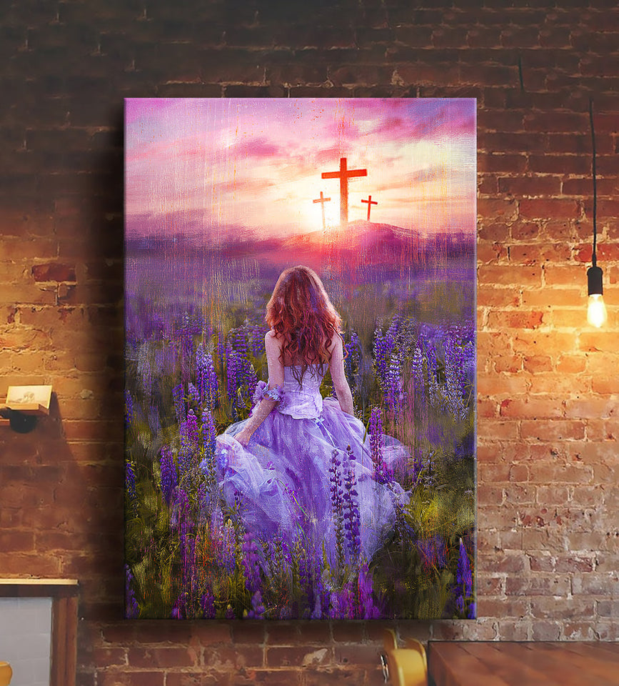 Beautiful girl in the lavender field cross - Jesus Portrait - Matte Canvas