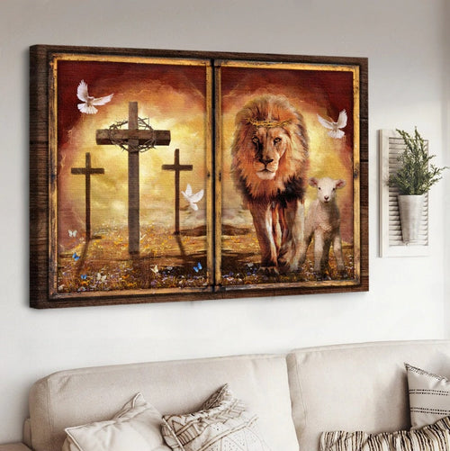 Beautiful Lion and Lamb Orange sunset Cross - Matte Canvas