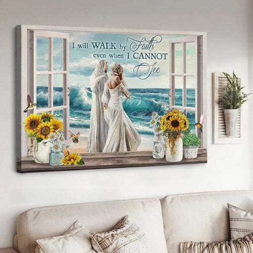 Beautiful woman, Jesus painting, Ocean wave, I will walk by faith - Matte Canvas