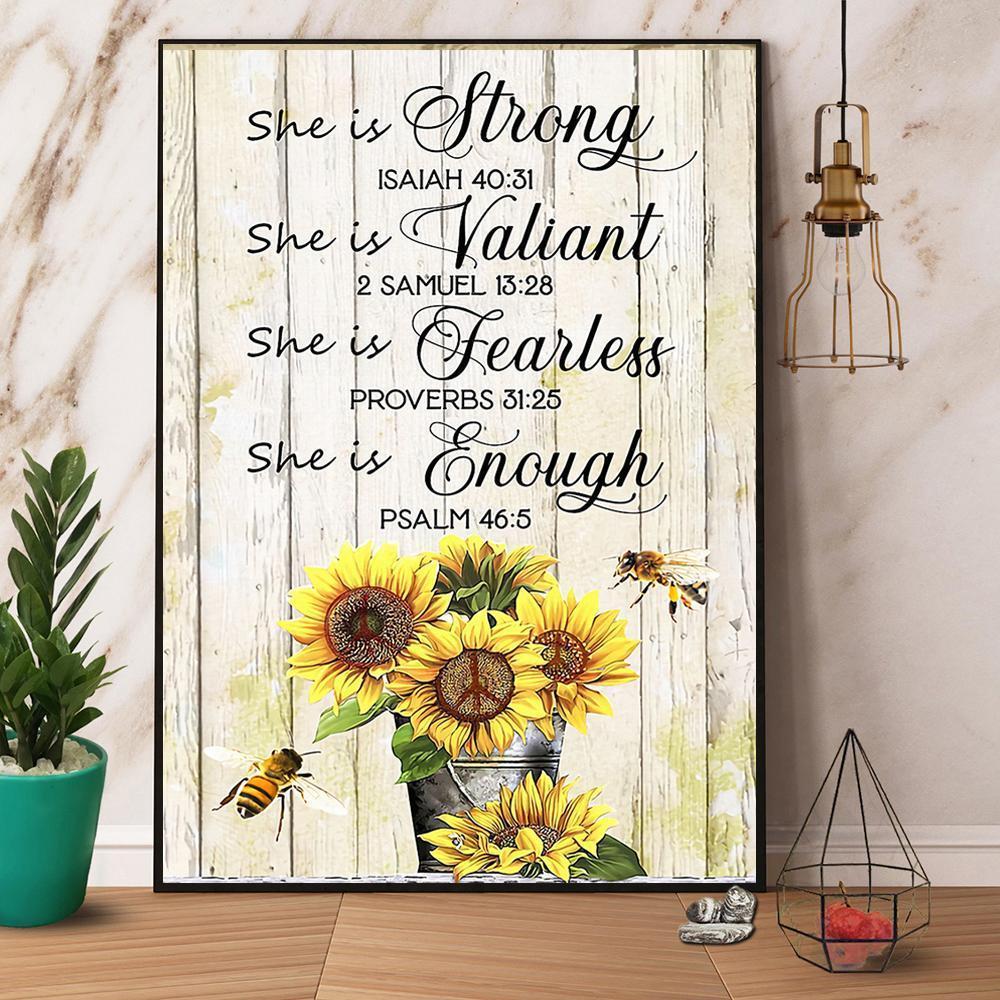 Bee Sunflower She Is Strong Valiant Fearless And Enough Canvas And Poster, Wall Decor Visual Art