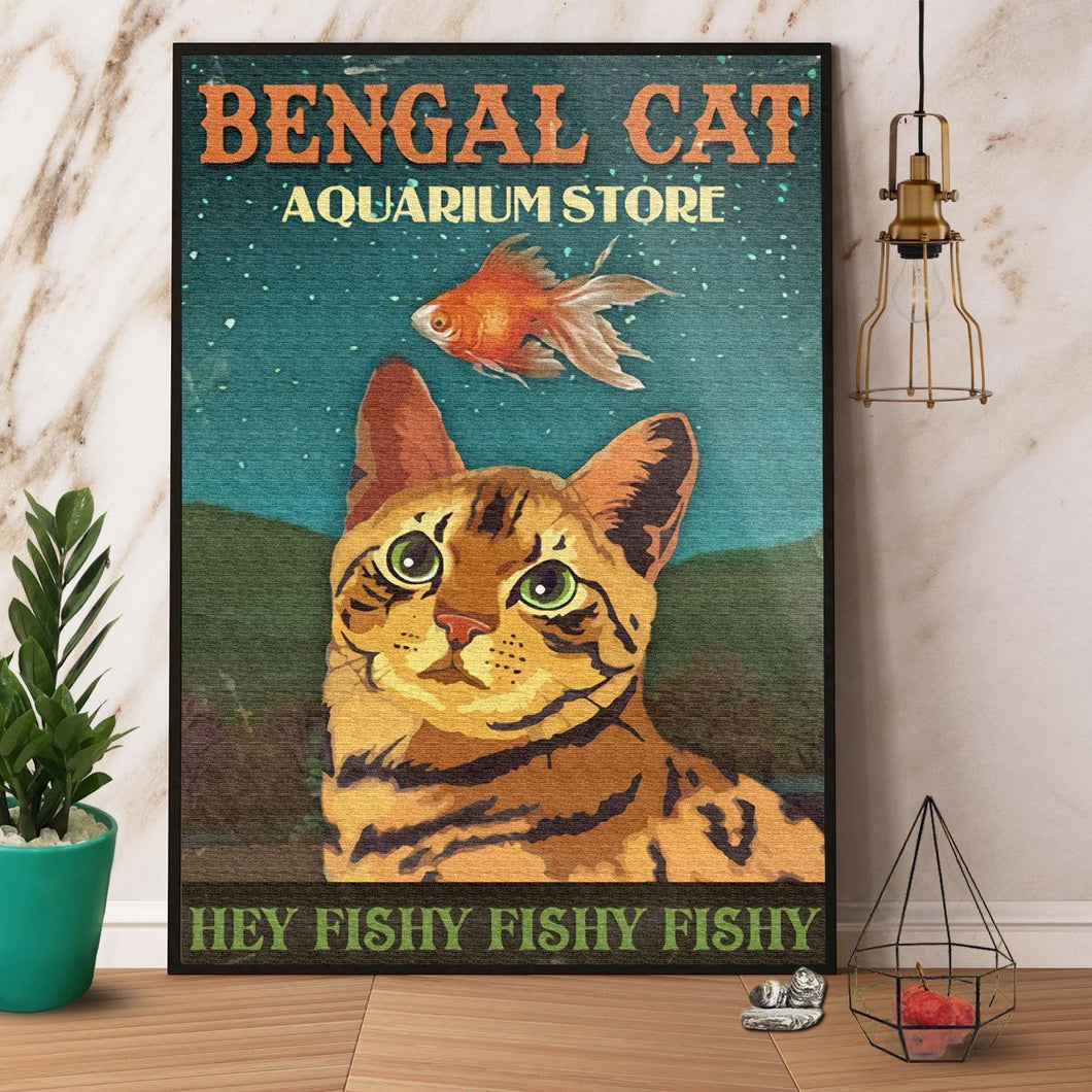 Bengal Cat Aquarium Store Hey Fishy Canvas And Poster, Wall Decor Visual Art
