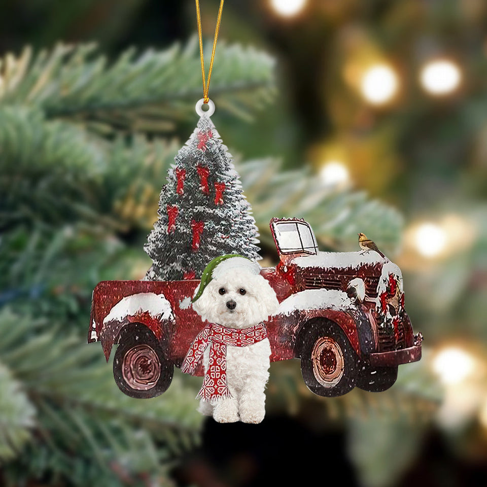 Godmerch- Ornament- Bichon Frise-Christmas Truck Two Sided Ornament, Happy Christmas Ornament, Car Ornament