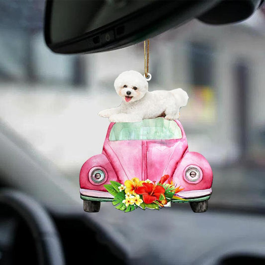 Bichon Frise-Pink Hippie Car-Two Sided Ornament