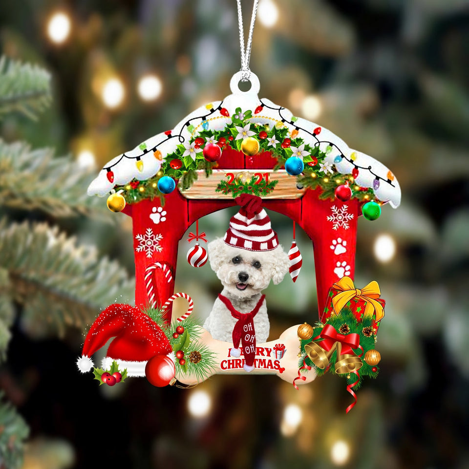 Godmerch- Ornament- Bichon Frise 2-Christmas House Two Sided Ornament, Happy Christmas Ornament, Car Ornament