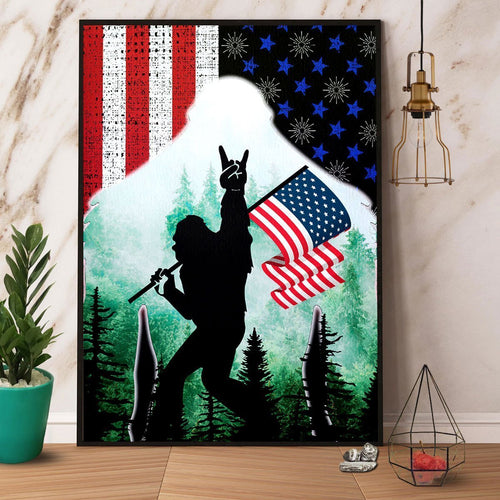 Bigfoot Sasquatch Holding American Flag Canvas And Poster, Wall Decor Visual Art