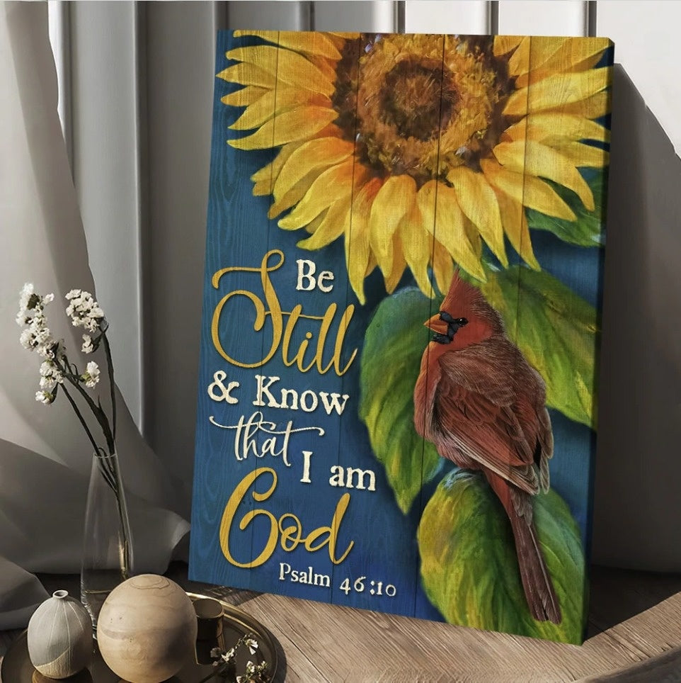 Sunflower Watercolor cardinal Be still and know that I am God - Matte Canvas