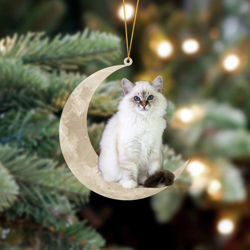 Birman Cat Sits On The Moon Hanging Ornament Cat Christmas Ornament Gift For Cat Lover