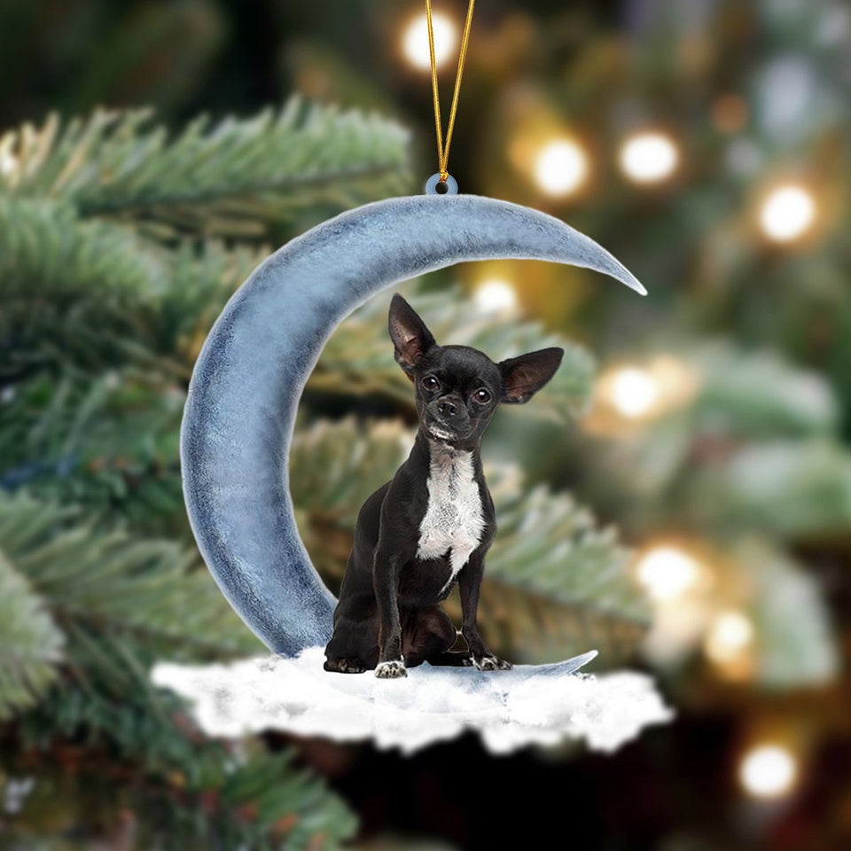 Godmerch- Ornament- Black Chihuahua Sits On The Moon Hanging Ornament Dog Ornament, Car Ornament, Christmas Ornament