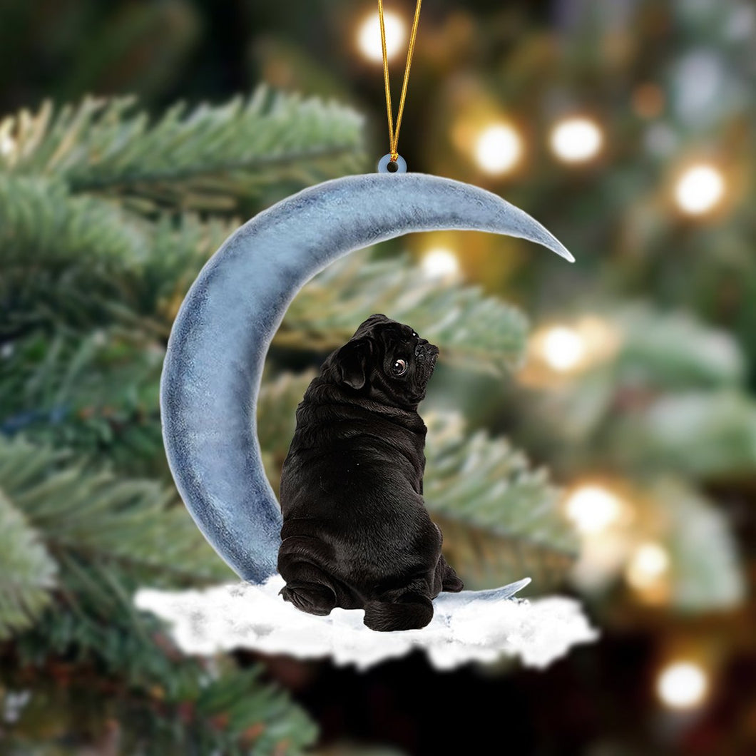Godmerch- Ornament- Black Pug Sits On The Moon Hanging Ornament Dog Ornament, Car Ornament, Christmas Ornament