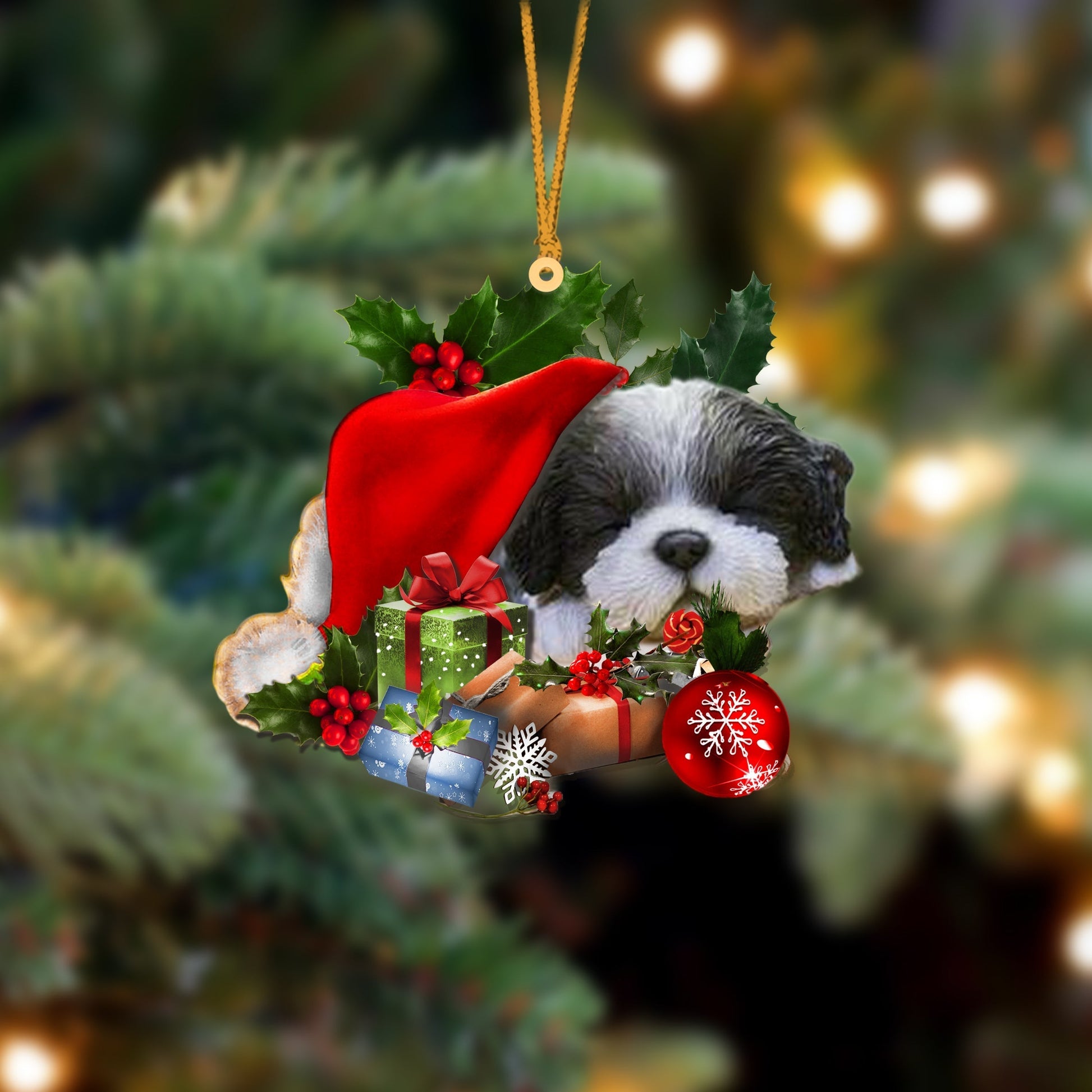 Black White Shih Tzu-Sleeping In Hat Two Sides Ornament Dog Sleeping Ornament