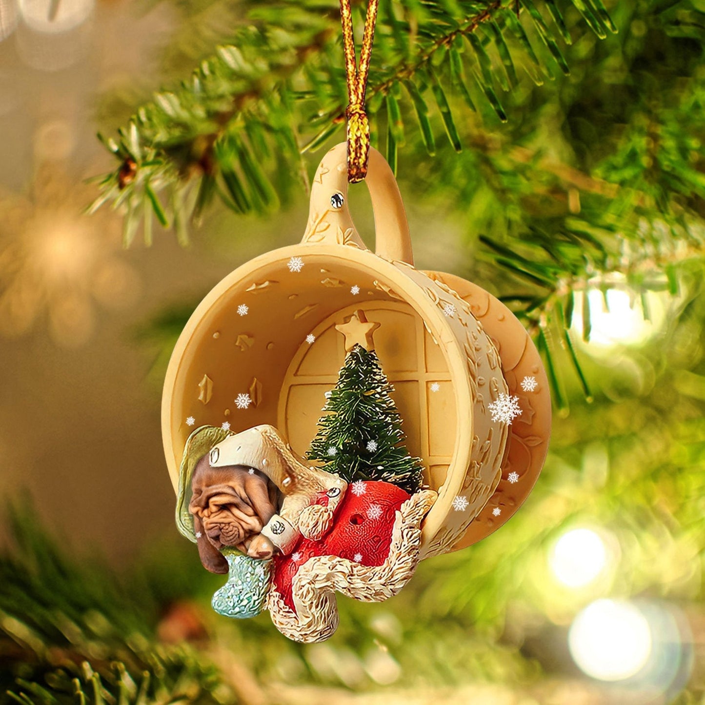 Bloodhound Sleeping in a tiny cup Christmas Holiday-Two Sided Ornament, Christmas Ornament, Car Ornament