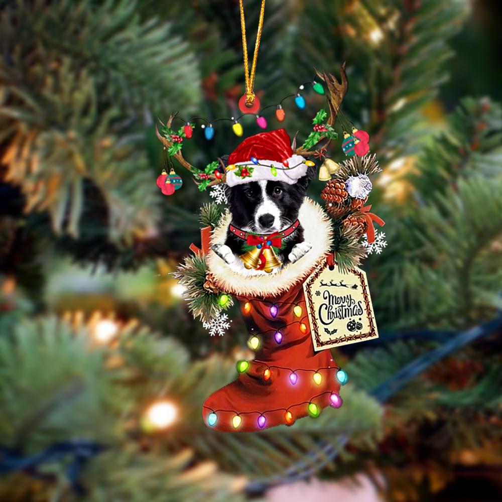 Godmerch- Ornament- Border Collie-Xmas Boot-Two Sided Ornament, Happy Christmas Ornament, Car Ornament