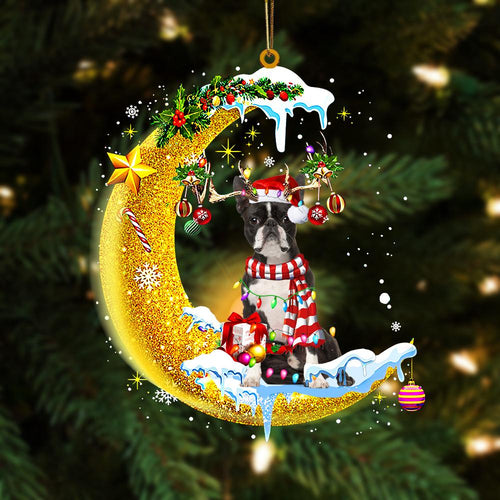 Godmerch- Boston Terrier On The Moon Merry Christmas Hanging Ornament Dog Ornament, Car Ornament, Christmas Ornament