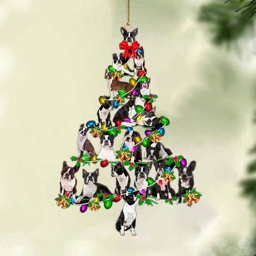 Ornament- Boston Terrier-Christmas Tree Lights-Two Sided Ornament, Happy Christmas Ornament, Car Ornament