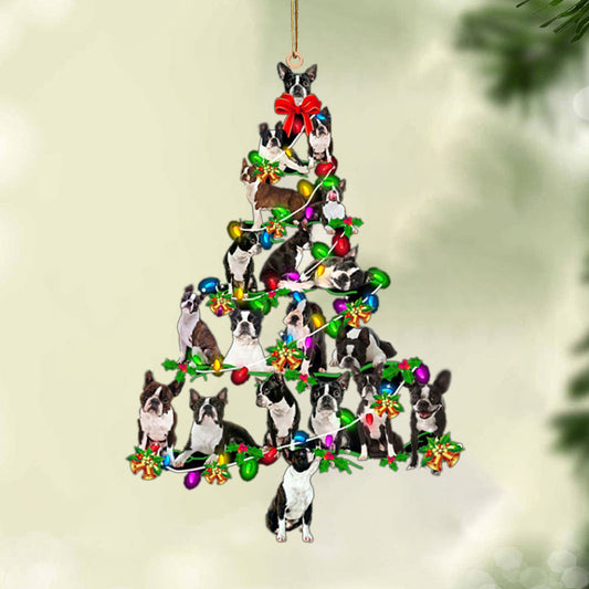 Ornament- Boston Terrier-Christmas Tree Lights-Two Sided Ornament, Happy Christmas Ornament, Car Ornament