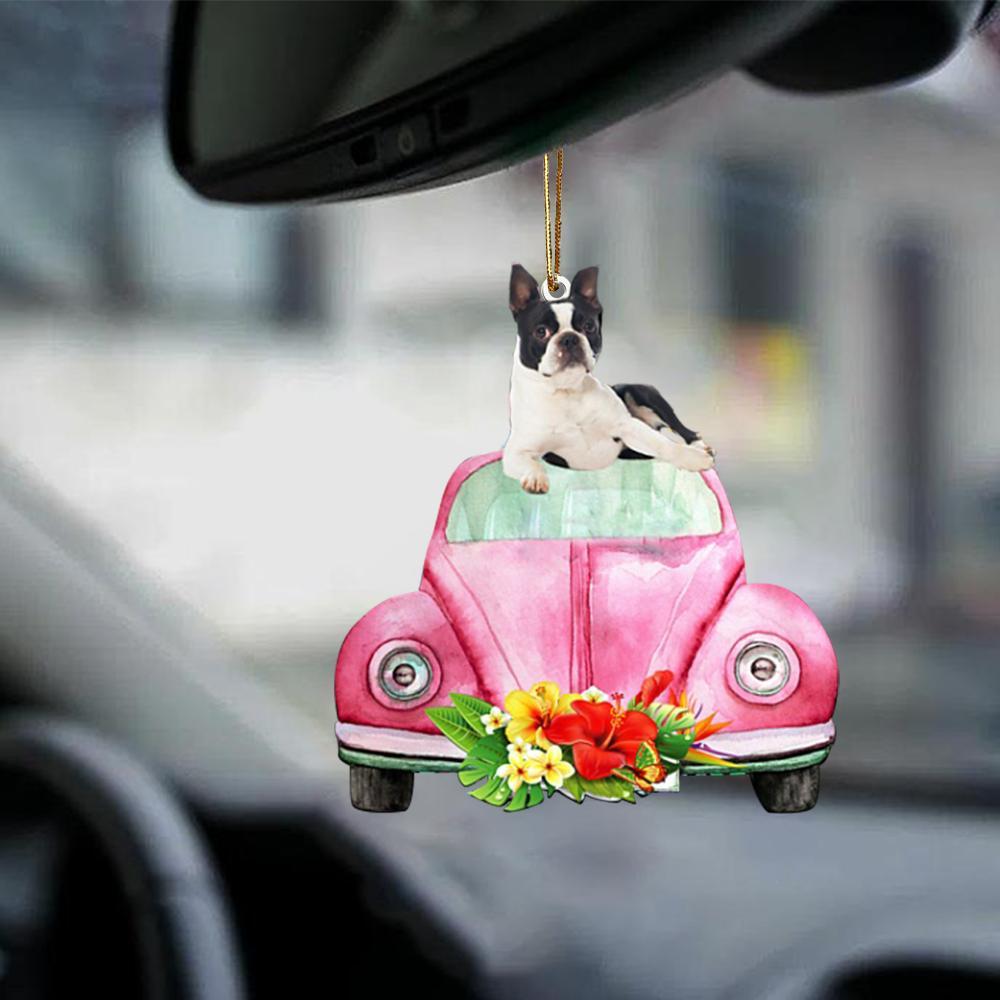 Boston Terrier-Pink Hippie Car-Two Sided Ornament