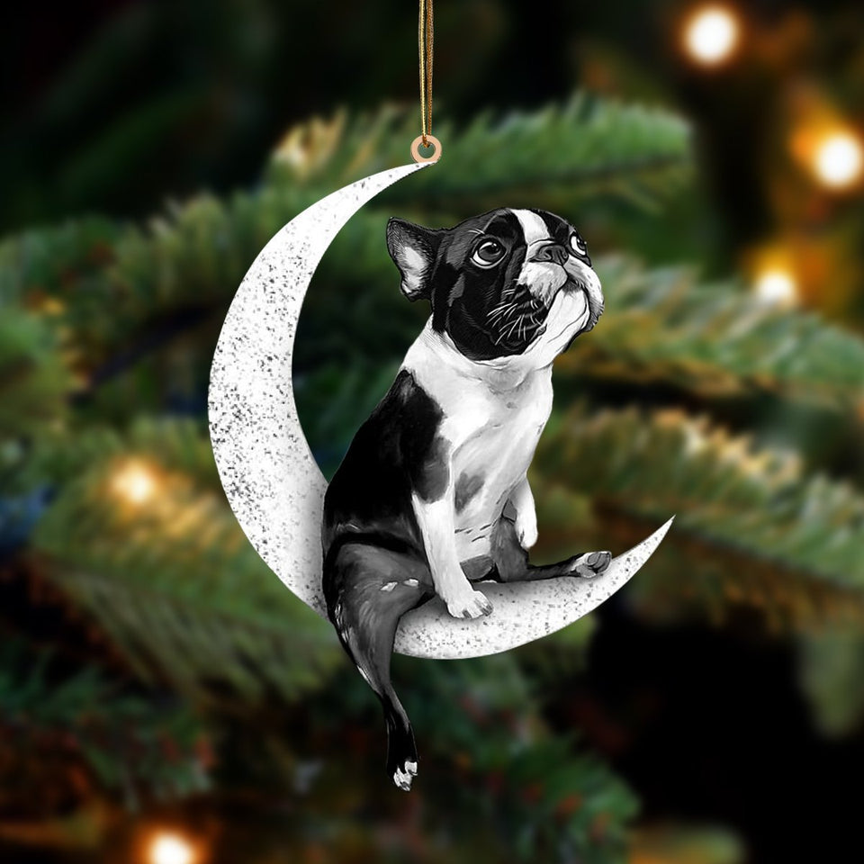 Ornament - Boston Terrier-Sit On The Moon-Two Sided Ornament, Shape Flat Ornament