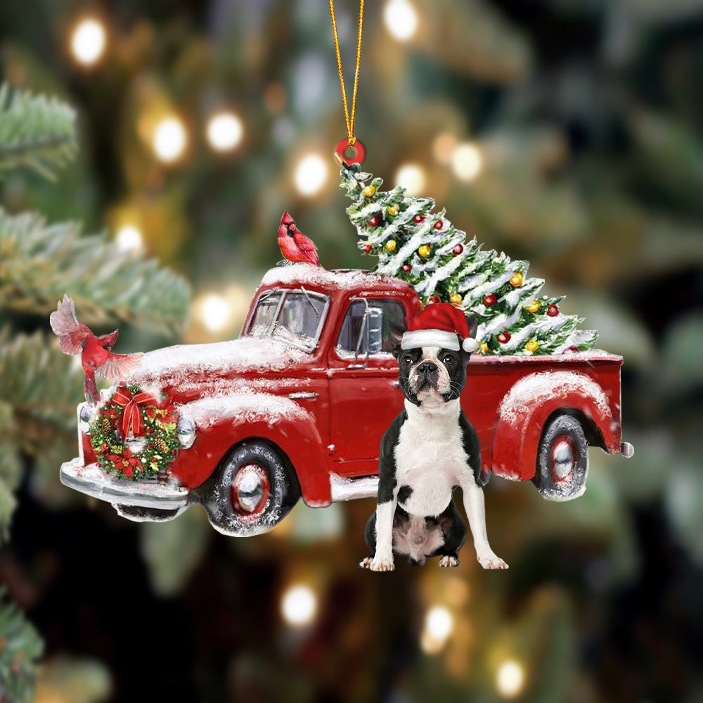 Ornament- Boston Terrier 1-Cardinal & Truck Two Sided Ornament, Happy Christmas Ornament, Car Ornament