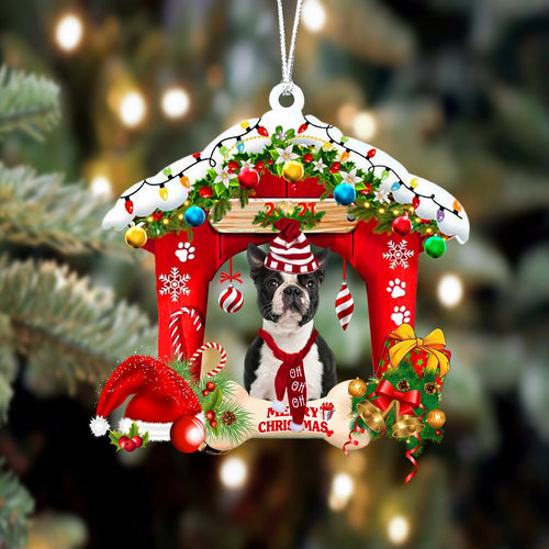 Ornament- Boston Terrier 1-Christmas House Two Sided Ornament, Happy Christmas Ornament, Car Ornament