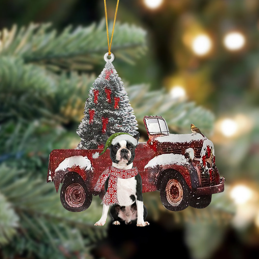 Ornament- Boston Terrier 1-Christmas Truck Two Sided Ornament, Happy Christmas Ornament, Car Ornament