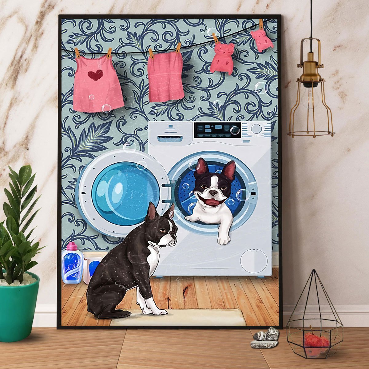 Boston Terrier Sitting On Laundry Canvas And Poster, Wall Decor Visual Art
