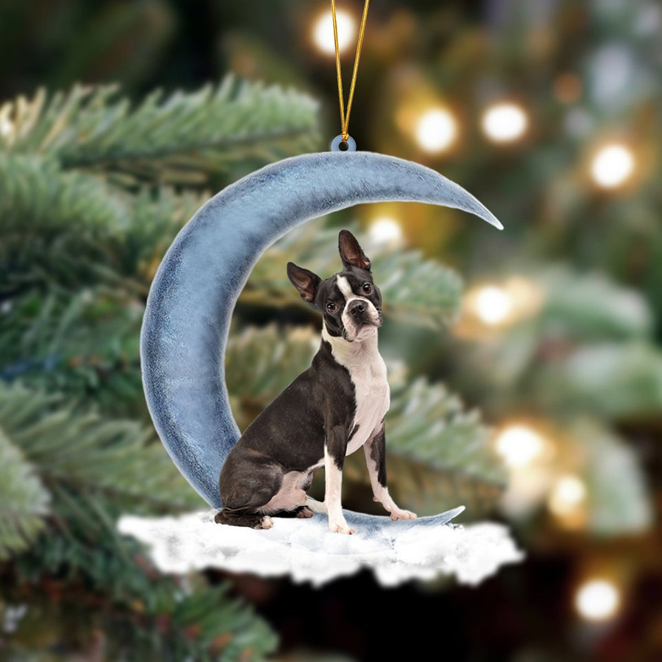 Godmerch- Ornament- Boston Terrier Sits On The Moon Hanging Ornament Dog Ornament, Car Ornament, Christmas Ornament
