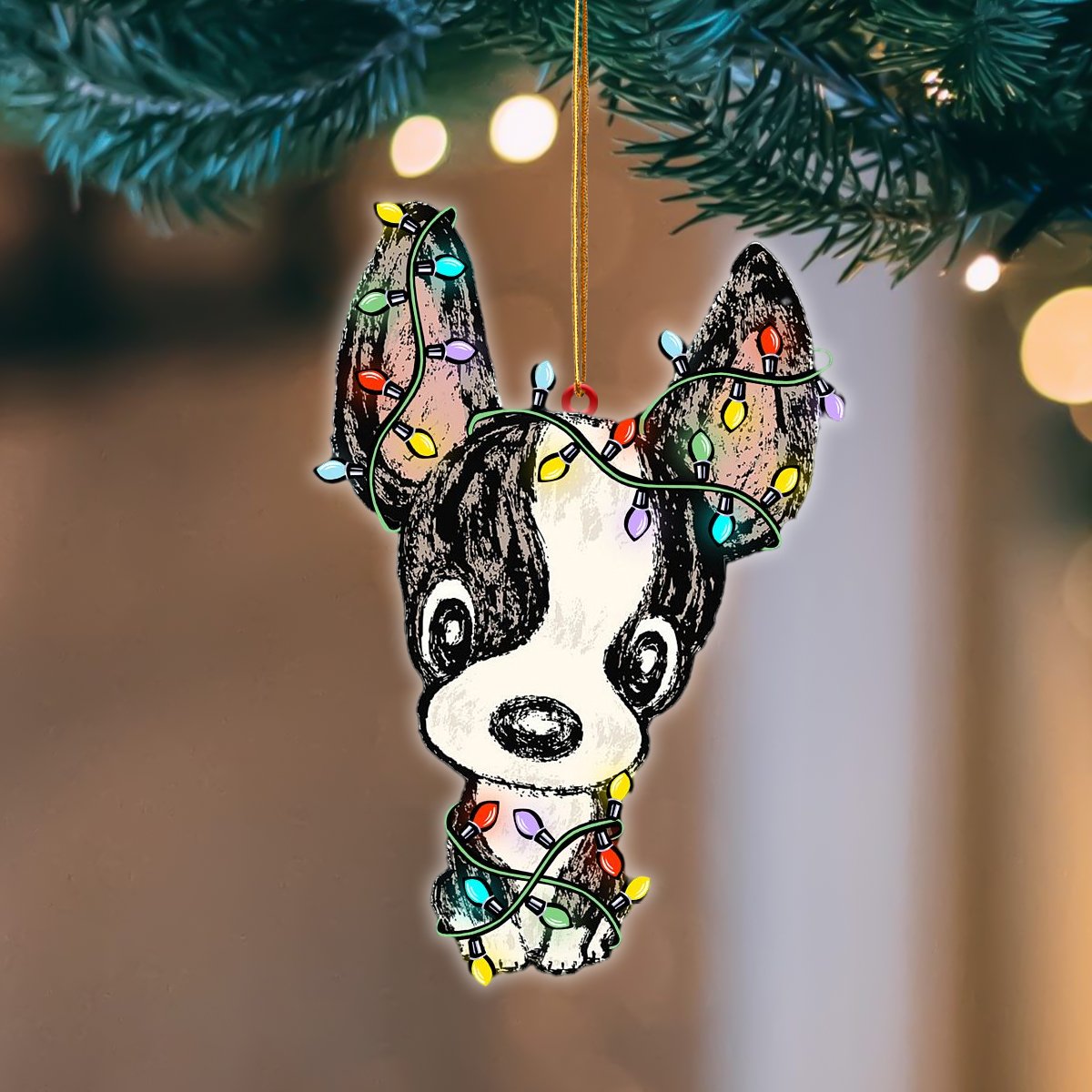 Godmerch- Ornament- Boston Terrier Christmas Light Hanging Ornament Dog Ornament, Car Ornament, Christmas Ornament