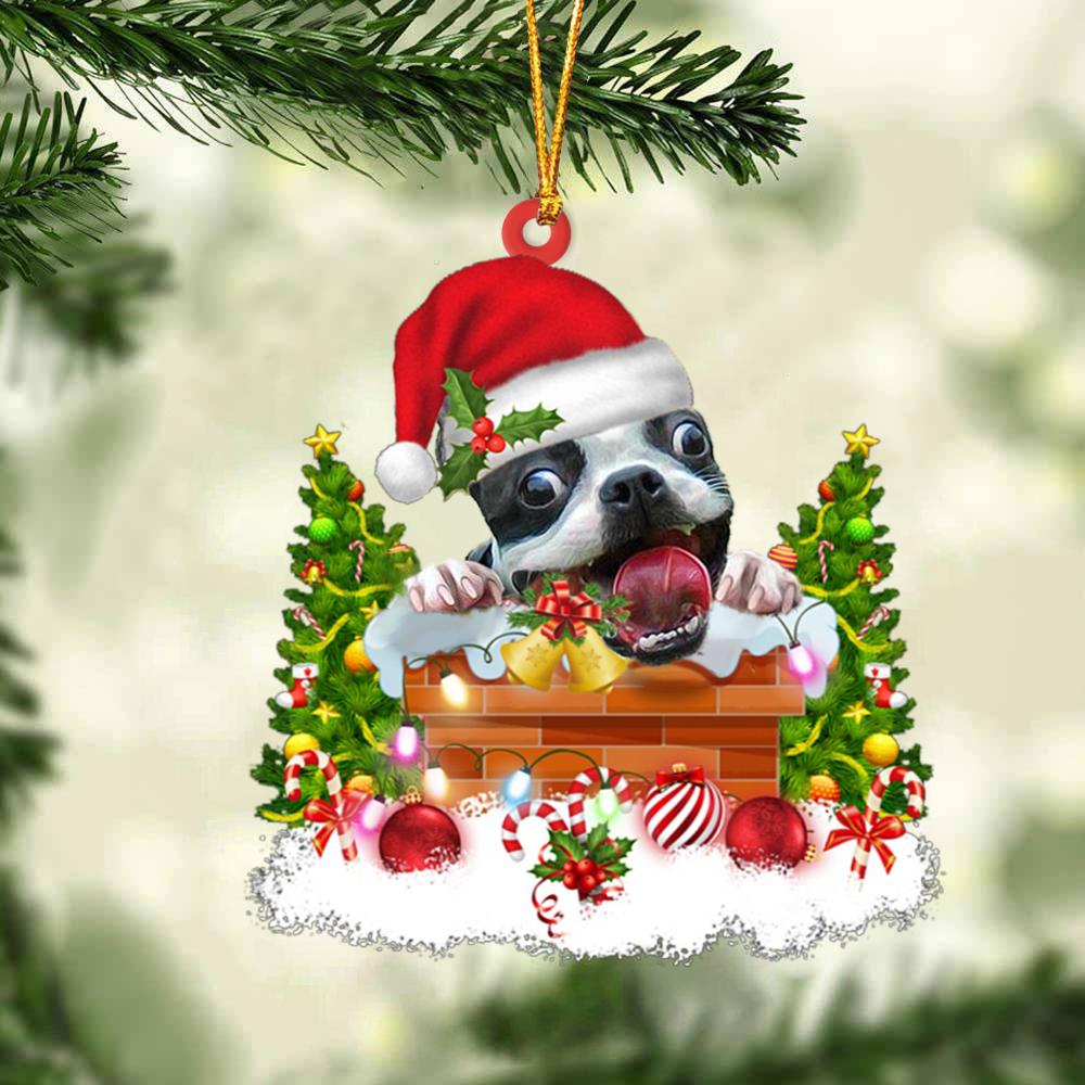 Boston Terrier In The Chimney Hanging Ornament Dog Christmas Ornament