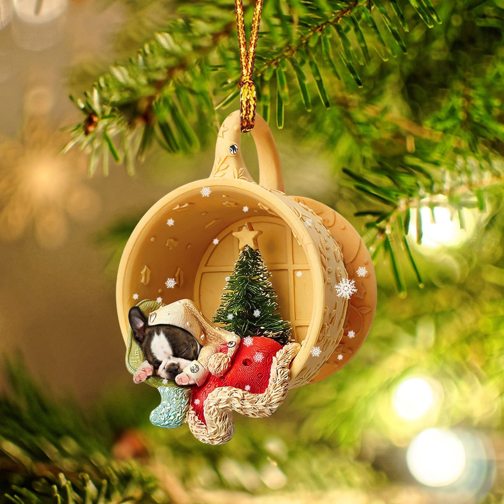 Godmerch- Boston Terrier Sleeping in a tiny cup Christmas Holiday-Two Sided Ornament, Christmas Ornament, Car Ornament