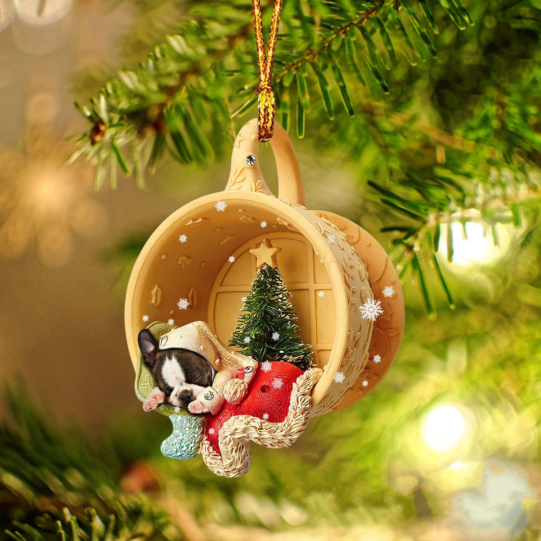 Godmerch- Ornament- Boston Sleeping In A Cup Christmas Ornament Dog Ornament, Car Ornament, Christmas Ornament