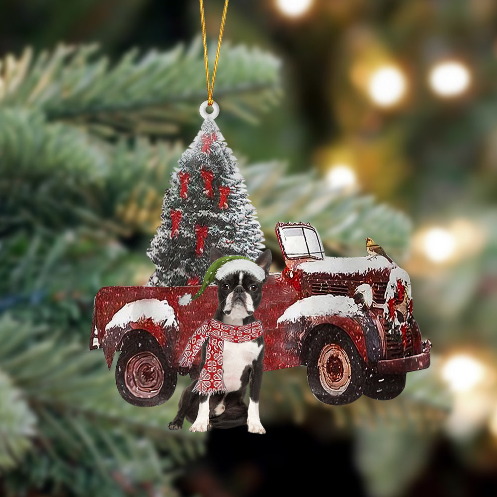 Godmerch- Ornament- Boston terrier-Christmas Truck Two Sided Ornament, Happy Christmas Ornament, Car Ornament