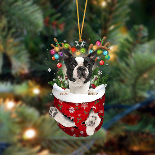 Ornament- Boston terrier-In Christmas Pocket Two Sides Ornament, Happy Christmas Ornament, Car Ornament